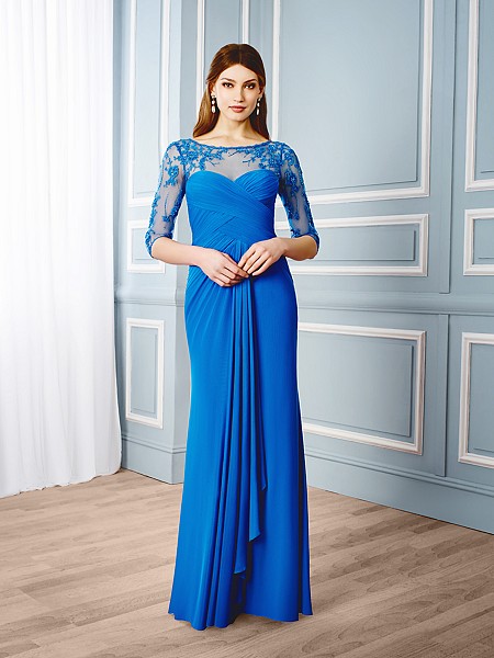 Val Stefani Celebrations MB7545 re-embroidered illusion lace formal evening gown with draped skirt Val Stefani Celebrations MB7545 re-embroidered illusion lace formal evening gown with draped skirt