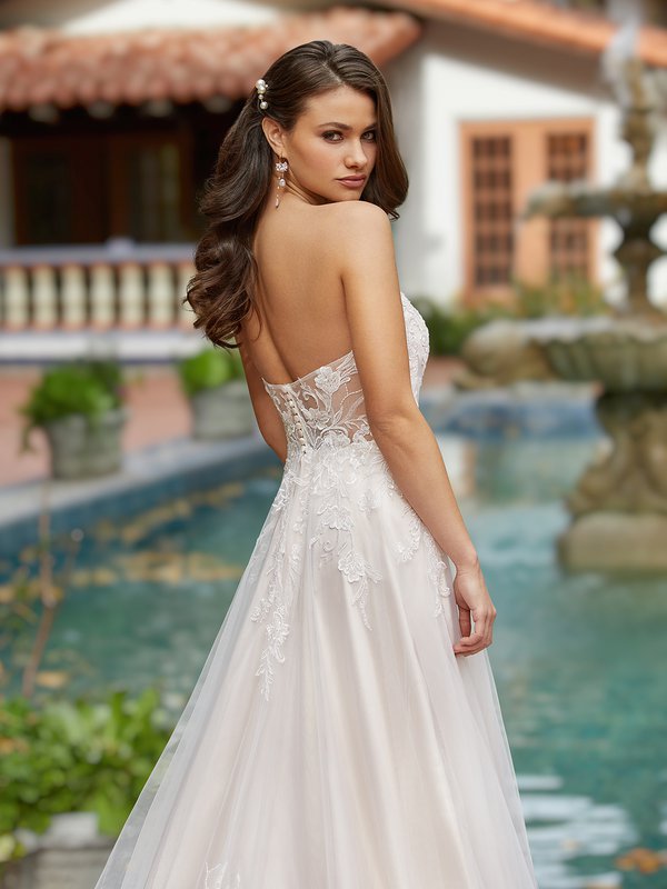 Style Flora Strapless Soft A-Line Tulle Gown with Floral Lace Appliques