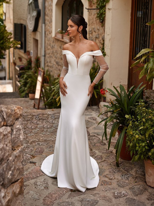 Crepe Off the Shoulder Wedding Dress With Detachable Pearl Sleeves | Val  Stefani