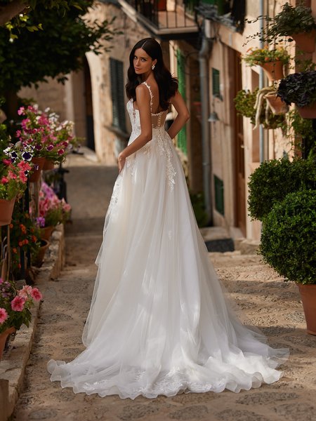 Back view of bride in wedding dress with lace decorated chapel trail and illusion scoop back.