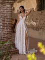 Style PORTLAND Embroidered Lace Fabric with Sequins Deep Sweetheart Halter Neck A-Line with Leg Slit